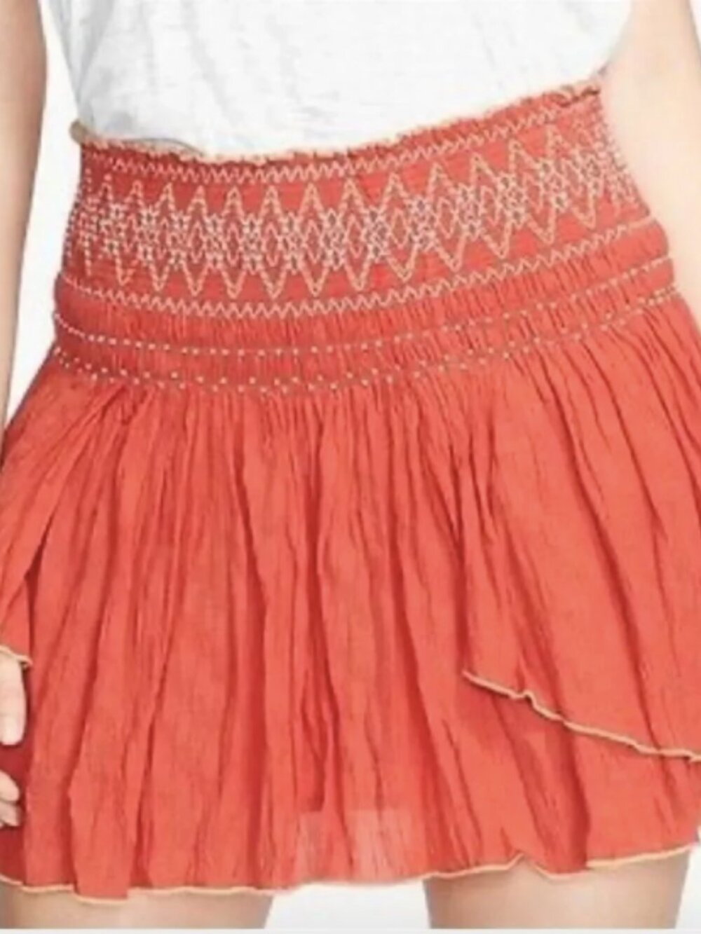 Free People Coral Smocked Waist Tiered Skirt with Cream Trim